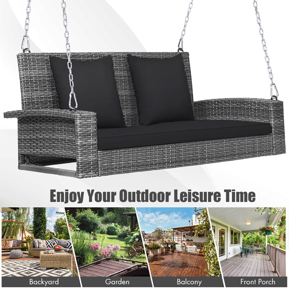 Aimee Lii 2-Person Patio PE Wicker Hanging Porch Swing Bench Chair Cushion 800 Pounds, Outdoor Patio Furniture, Black