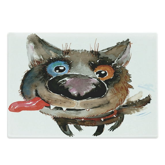 Animal Cutting Board, Funny Dog Puppy Smiling Best Companion Happy Creature Humor Grunge Print, Decorative Tempered Glass Cutting and Serving Board, Large Size, Orange Cocoa Blue, by Ambesonne