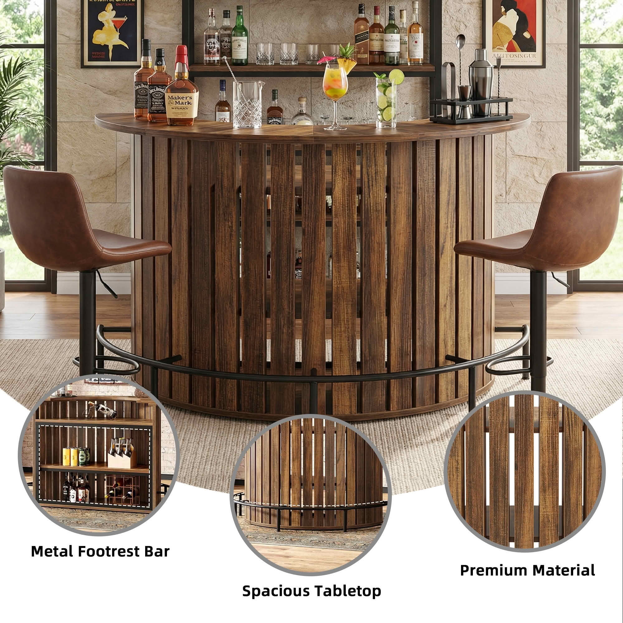 MAYEERTY Arc-Shaped 4-Tier Storage Mini Bar Table, Modern Rustic Home Bar Cabinet with Footrest & MDF Construction