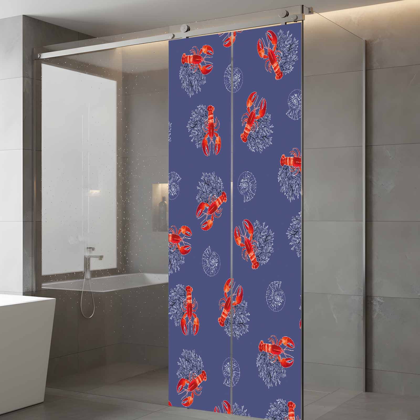 Marine Life Window Privacy Film, Vintage Red Lobster Shell Coral Frosted Glass Window Clings Static Cling UV Heat Blocking Reusable Door Sticker for Bathroom 23.6 x 59 Inch