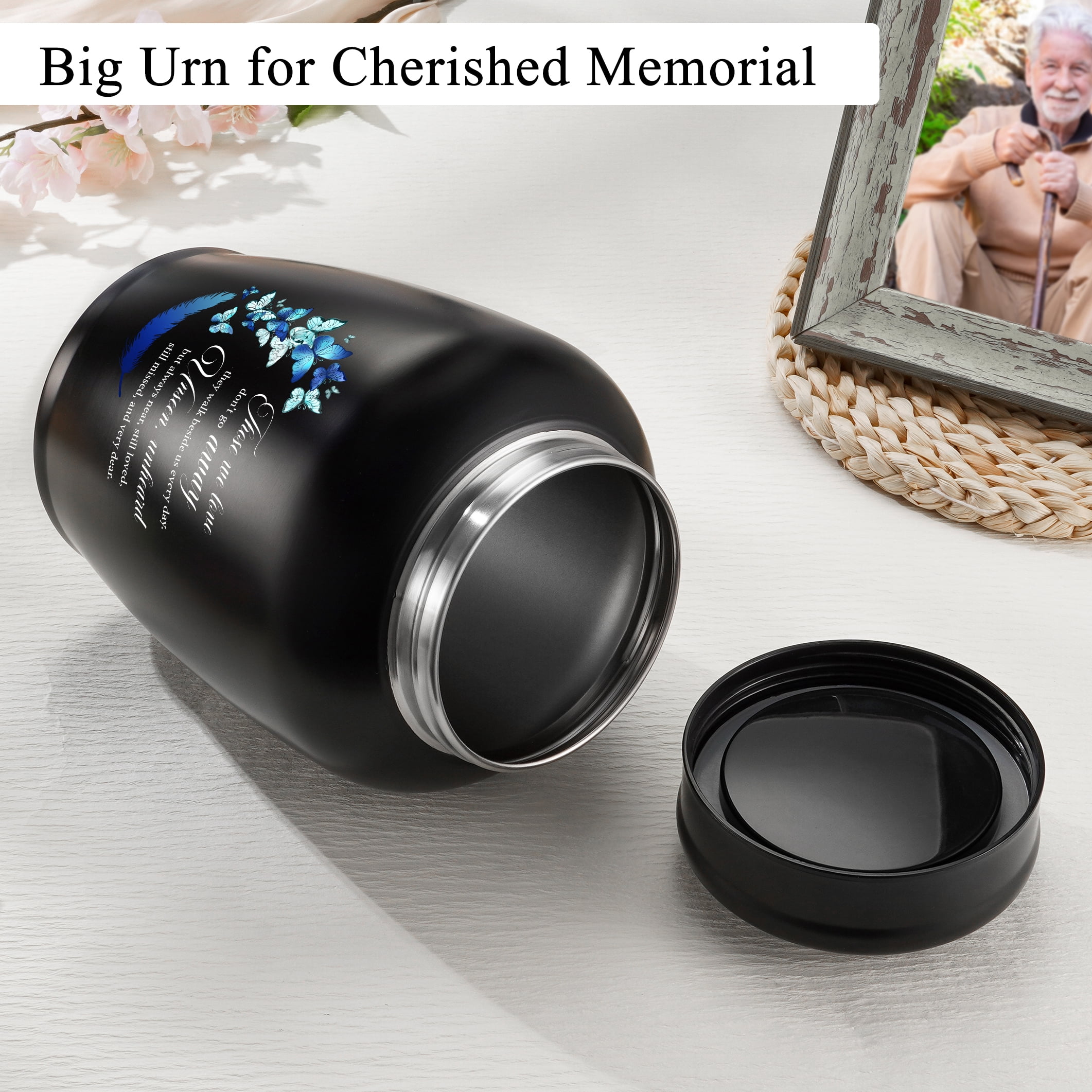 XIUDA Large Stainless Steel Urn for Human Ashes - 8.5 Inch Decorative Funeral Urn, Butterfly Cremation Keepsake for Men Women, Black Memorial Keepsake for Ashes