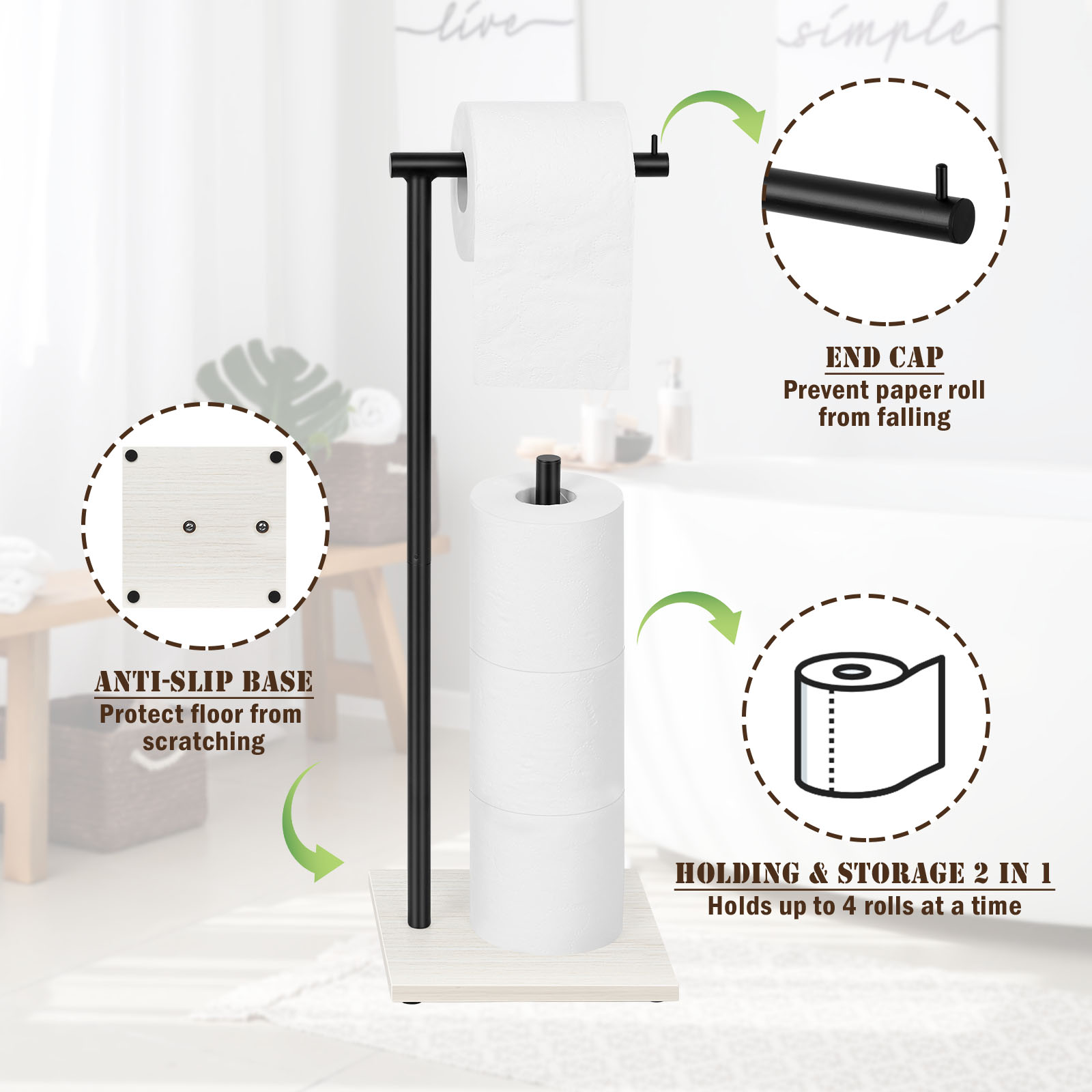 Free Standing Toilet Paper Holder with Wood Base, Black