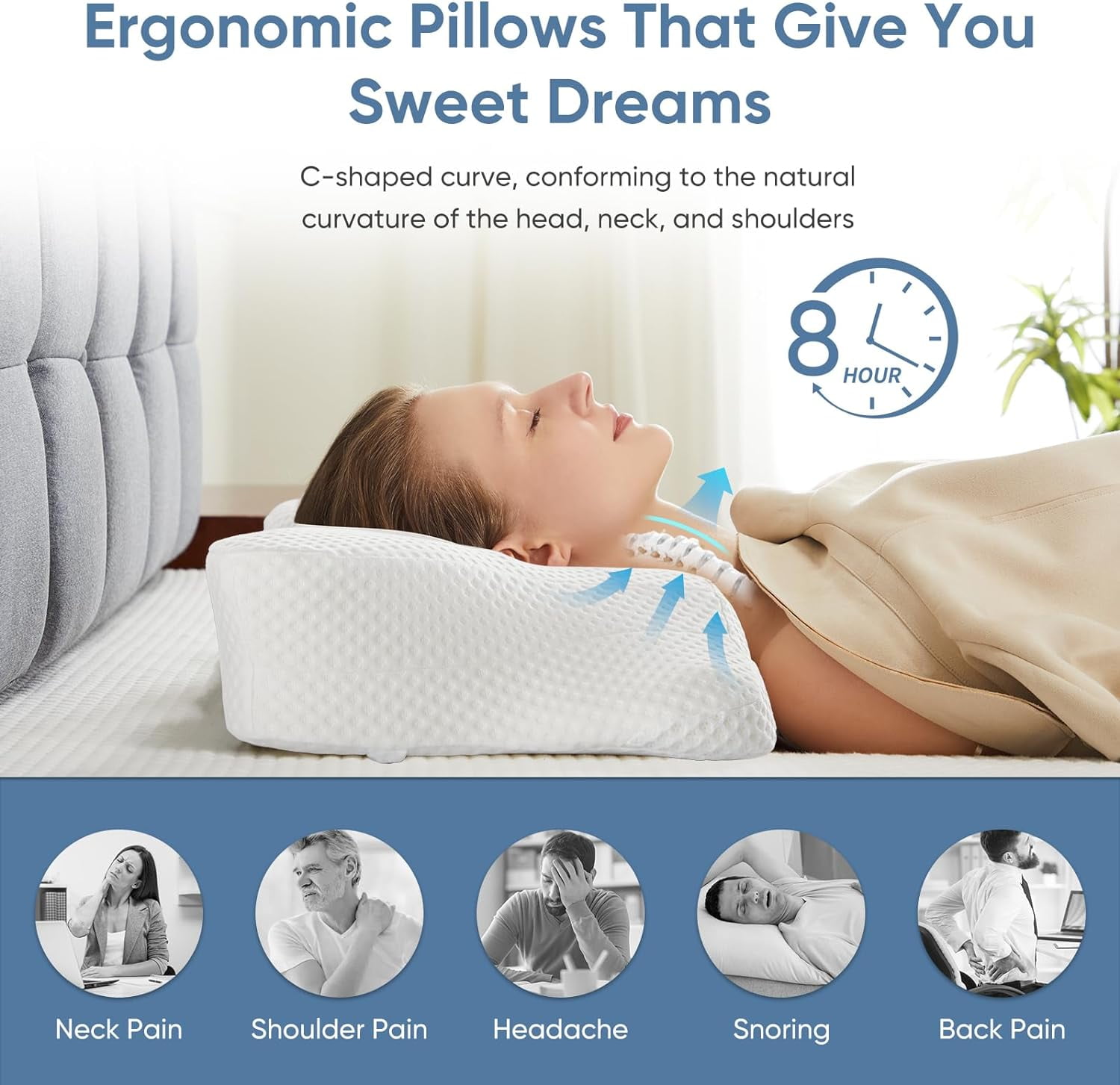 JL Cervical Neck Pillow, Memory Foam Contour Pillow with Arm Rest Slot and Soft Breathable Pillowcase, Ergonomic Dual-Height Orthopedic Support for Side, Back, and Stomach Sleepers, White