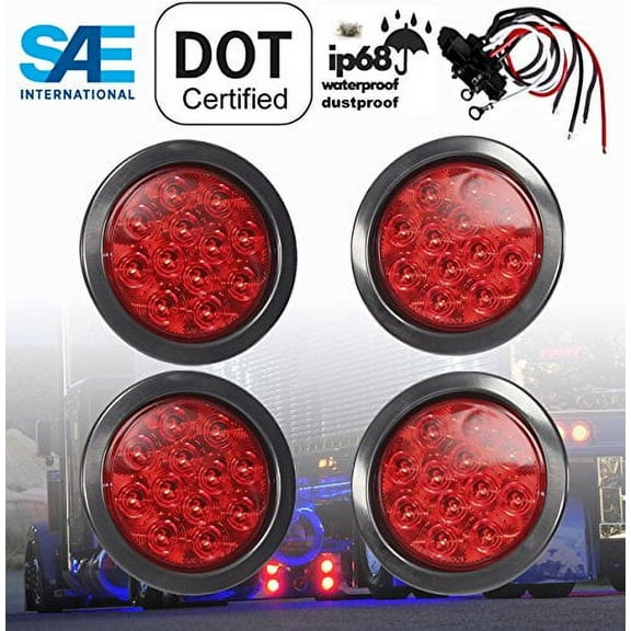 4 Pieces High Quality LED 4" Red Round Stop Turn Tail Running Light w Grommet Pigtail Kit for Truck Trailer Jeep RV DOT SAE Approved