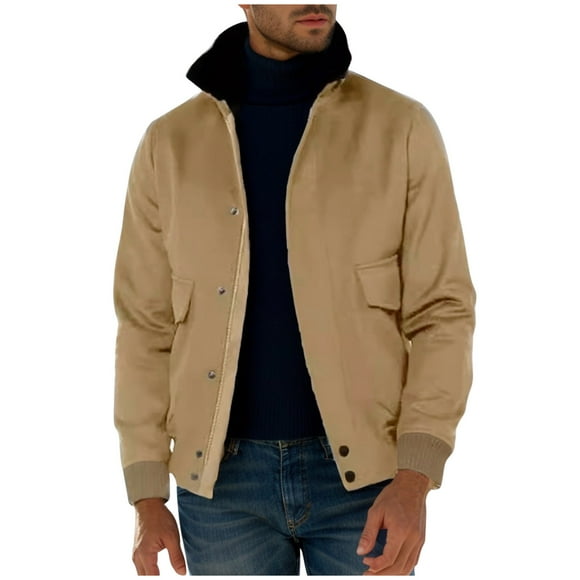 Xysaqa Mens Long Sleeve Woolen Blended Jacket Zipper Stand Collar Casual Button Windbreaker Men Fashion Fall Winter Coat with Pockets Khaki