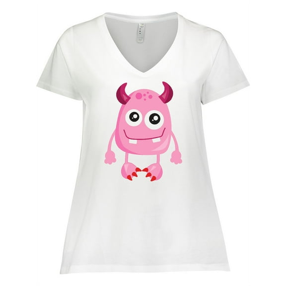Inktastic Cute Monster, Pink Monster, Funny Monster, Horns Women's Plus Size V-Neck T-Shirt