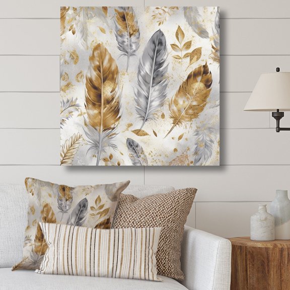 DESIGN ART Designart "Gold And Silver Impressions Of Bohemian Energy" Boho Feather Wall Decor 30 in. wide x 30 in. high