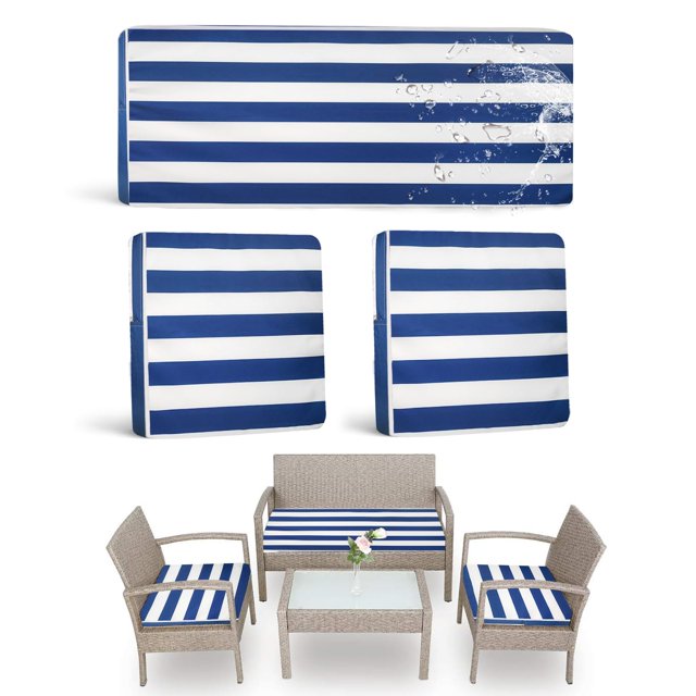Bruxolay Fundas De Cojín Para Muebles De Patio Al Aire Libre, Fundas De Repuesto Impermeables Para Sillas De Ratán De 4 Piezas, Juego De Muebles De Mimbre, Paquete De 3 Rayas Azules Y Blancas, Solo Fu