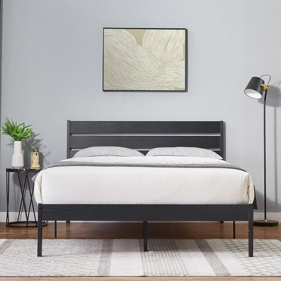 VECELO Queen Size Metal Platform Bed with Wooden Headboard, Rustic Country Style Bed Frame and Strong Metal Slats, Black