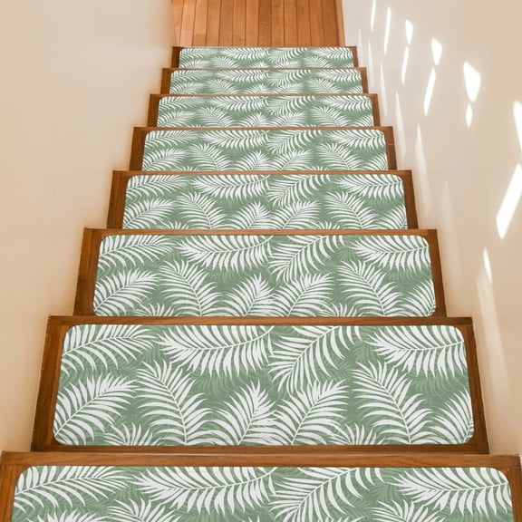 Sage Green Palm Leaf Stair Treads Non Slip for Steps Country Coastal Tropical Boho Beach Tree Leaves 7 Pcs Reusable Adhesive Stair Runner Mats for Dogs Elders Carpet Treads Rugs for Staircase 8x30 In