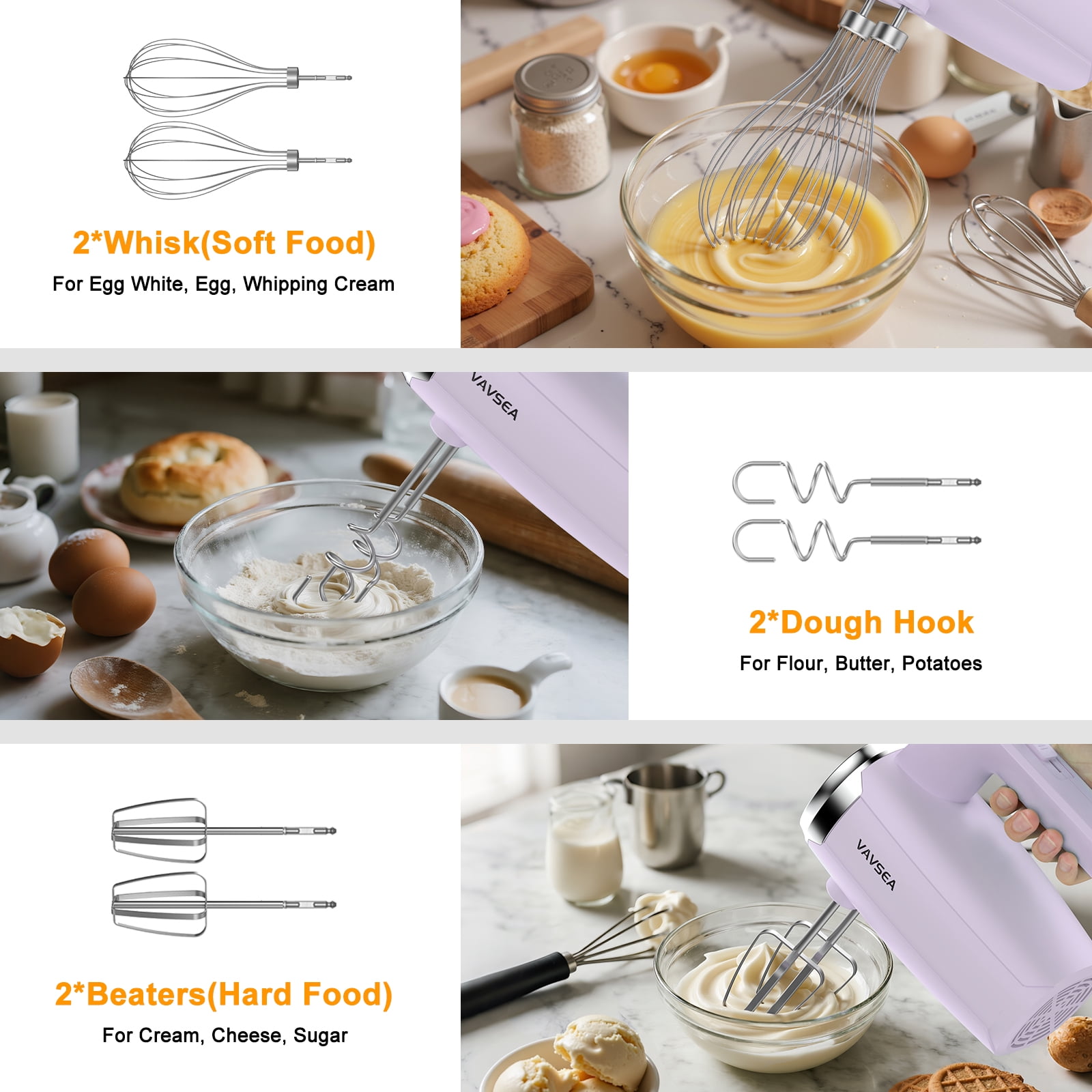 VAVSEA Electric Hand Mixer with 32 Attachments, Includes 2 Whisk, 2 Dough Hooks, 2 Beater, Cake Decorating, 500W Handheld Mixer for kitchen, Baking, Blending, Purple
