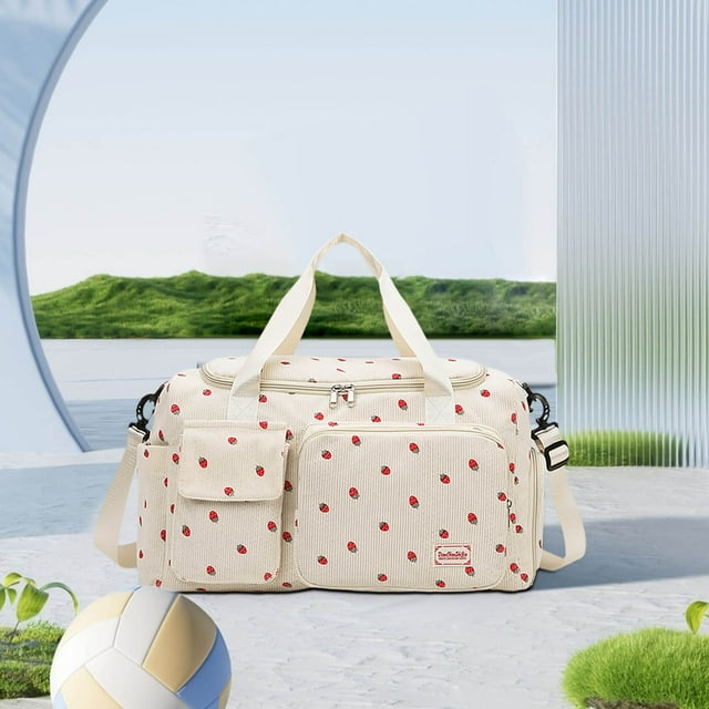 Fiudx Bolso de Mano con Estampado de Fresa, Bolso de Mano de Gran Capacidad con Compartimento para Zapatos y Separación Entre Ropa y Artículos Húmedos y Secos, Bolso Ligero de Pana para Fin de Semana
