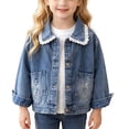 thumbnail image 2 of RoamHome Girls Denim Jacket Long Sleeve Button Down Jean Coat with Lace Collar Pockets for Toddler Kids Little Girls, Casual Lapel Outerwear, 2 of 8