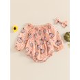 thumbnail image 2 of Newborn Baby Girls Halloween Romper Outfits Long Sleeve Ruched Pumpkin Floral Bodysuit Headband Set 2Pcs Fall Clothes, 2 of 8