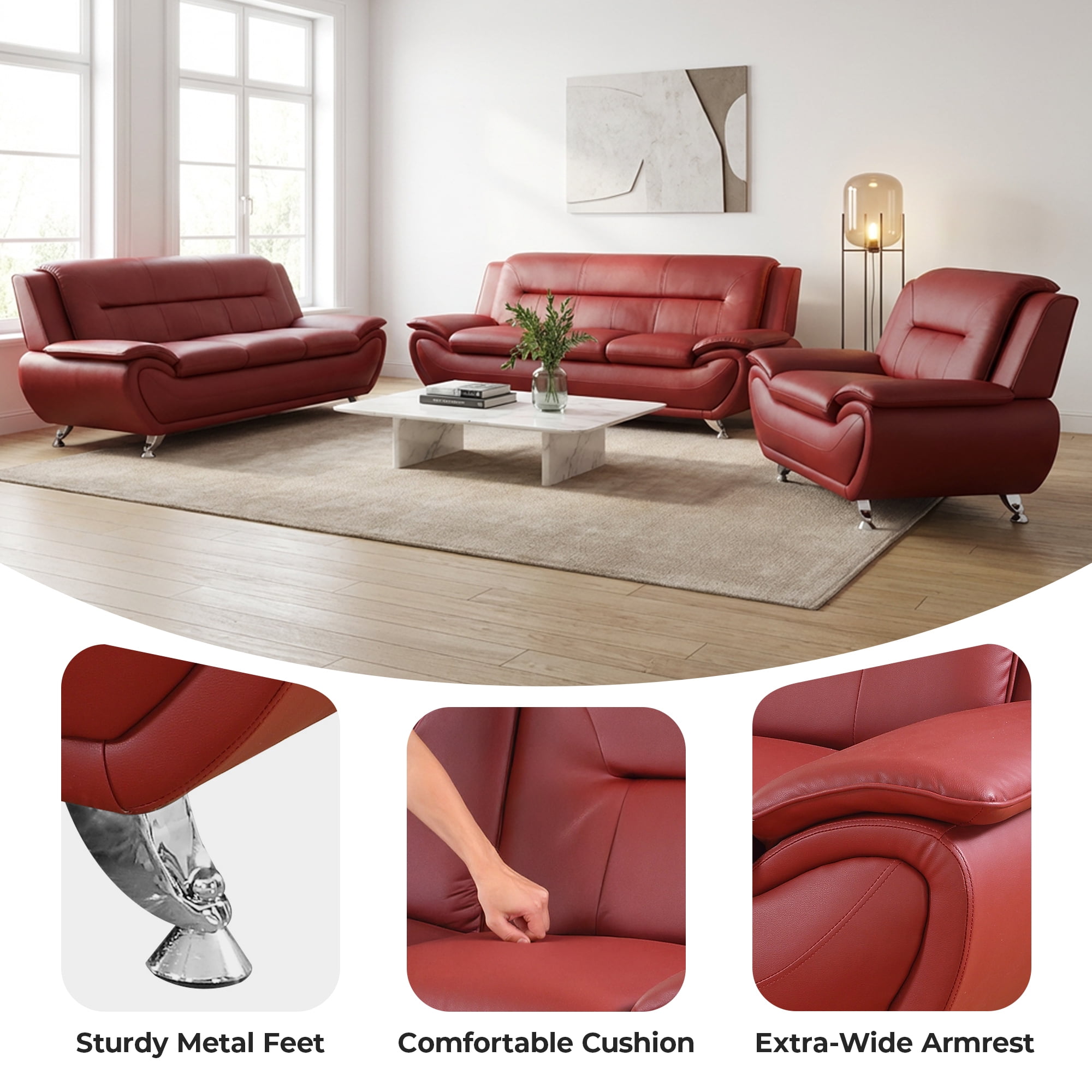 Alvantor 3 Piece Sofa Set - Upholstered Leather Sofa Deep Seat Couch for Small Spaces, Living Room Orange
