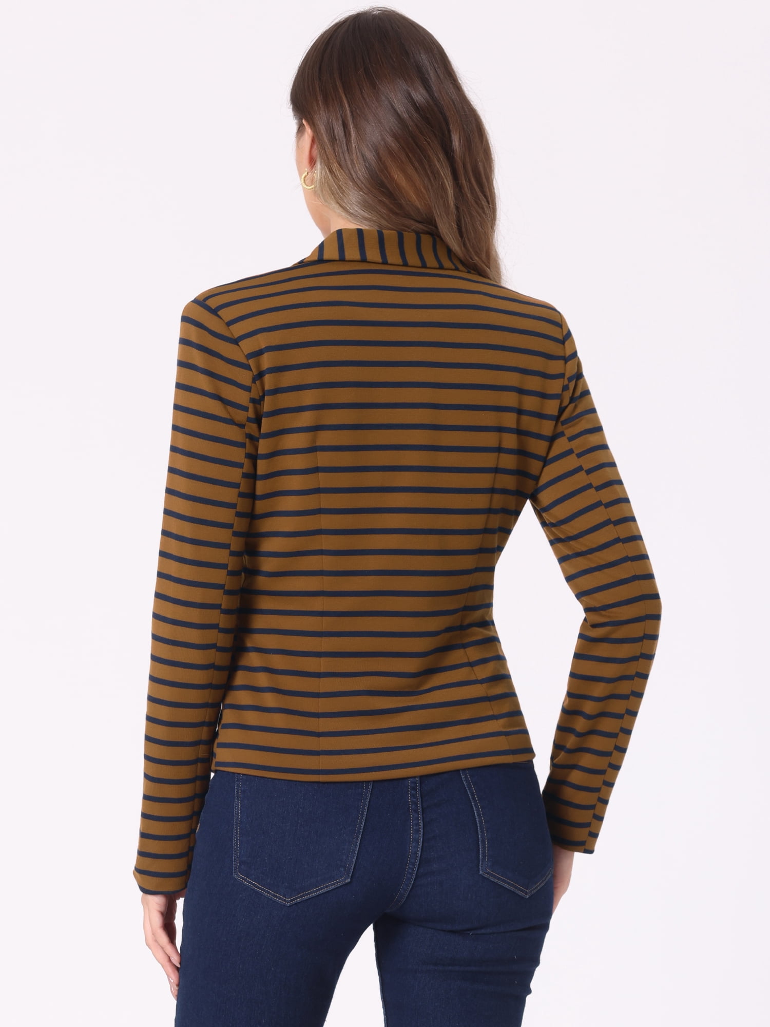 DARING DIVA Women's Striped Notched Lapel Button Closure Blazer M Navy Brown
