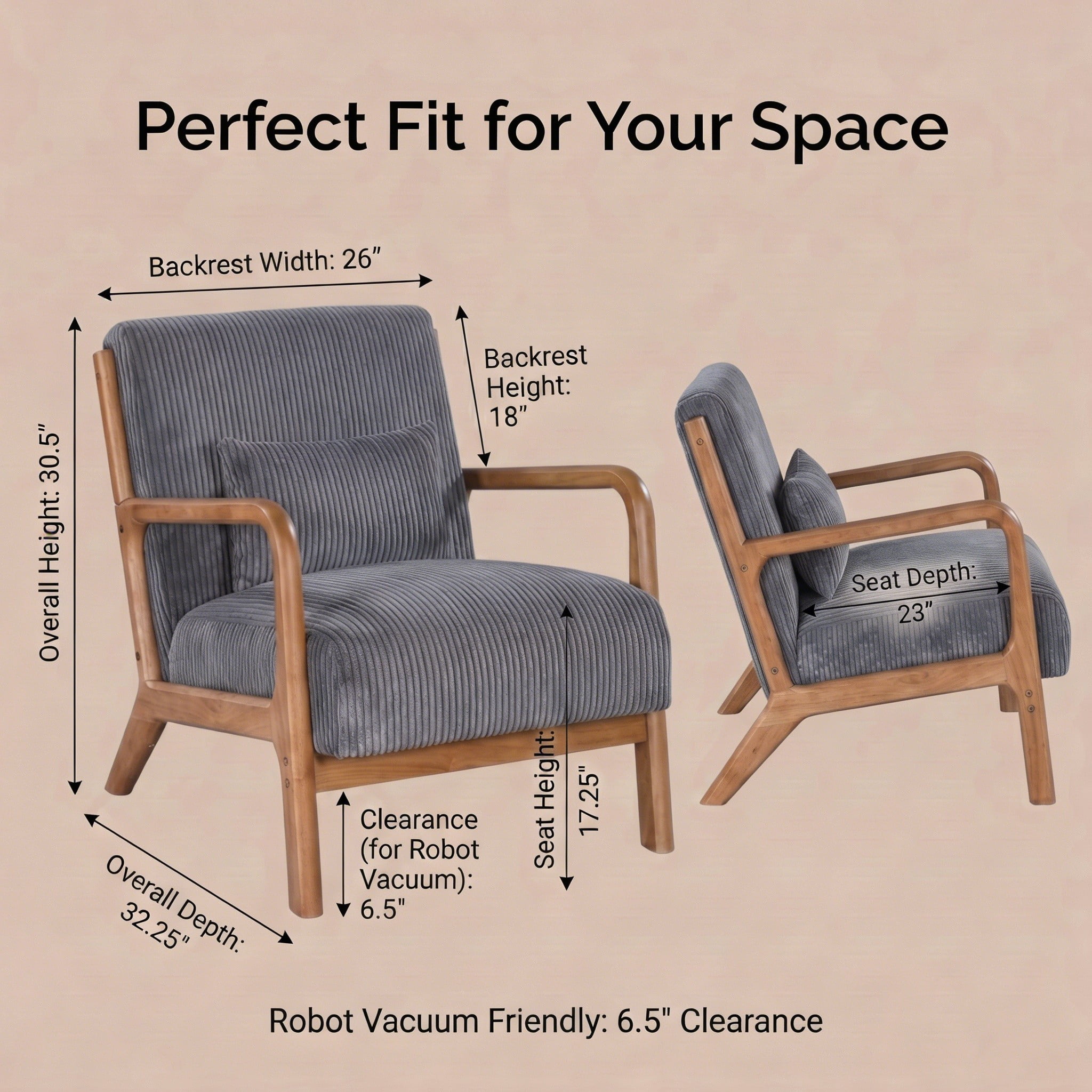 Mid-Century Modern Corduroy Accent Chair with Solid Wood Frame & Lumbar Pillow, Gray