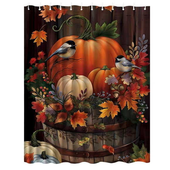 Cortinas de ducha de calabaza de Acción de Gracias de otoño para baño, juego de cortinas de ducha impermeables de color naranja con diseño de pájaro otoñal y 12 ganchos