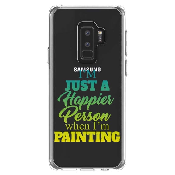 DistinctInk Clear Shockproof Hybrid Case for Samsung Galaxy S9  PLUS (6.2" Screen) - TPU Bumper Acrylic Back Tempered Glass Screen Protector - I'm a Happier Person When I'm Painting