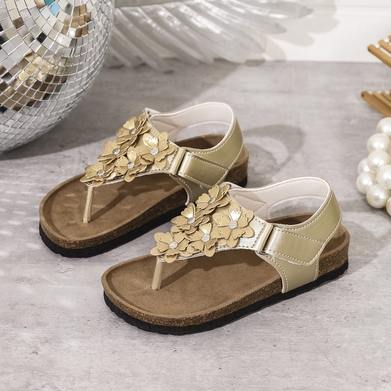 SGMVNU Girls Flip Flops Sandals Open Toe Flowers Footbed Thong Flat Dress Sandals Summer Vacation Beach Shoes for Little/Big Kids Silver Size 5-5.5 