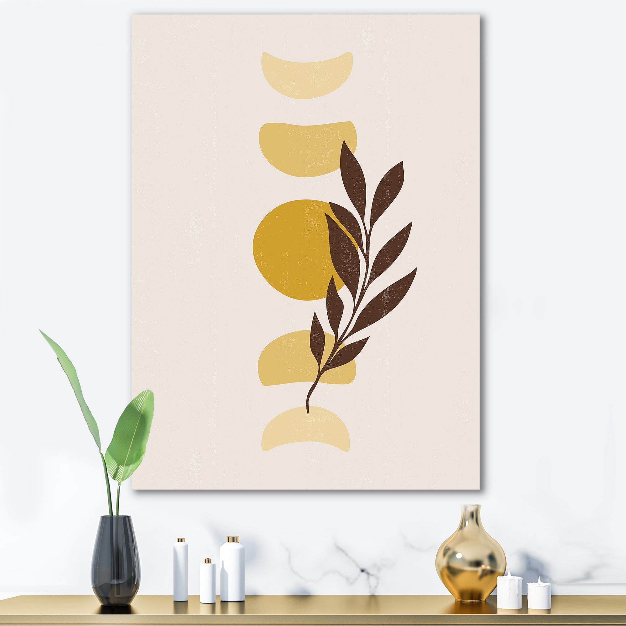 Abstract Geometrical Moon and Sun With Leaf VII 8 in x 12 in Painting Canvas Art Print, by Designart