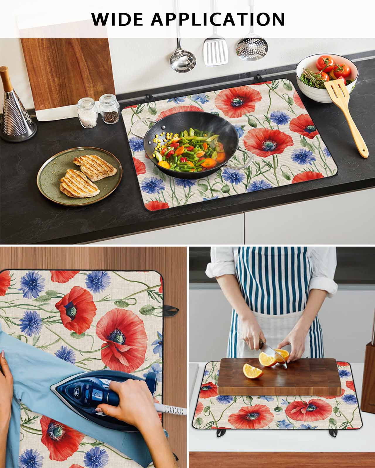 nqOlkjepod Large Induction Cooktop Protector Mat 28.5"x20.5", Red Blue Flowers Stove Top Covers for Electric Stove, Patriotic Poppy Floral Summer Country Stove Burner Cover Mats Stove Cover