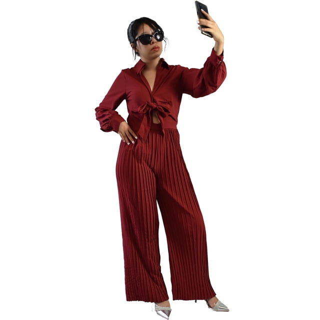 Palazzo Elegante de una Pieza con Blusa de Lazo y Pantalón Plisado para Mujer