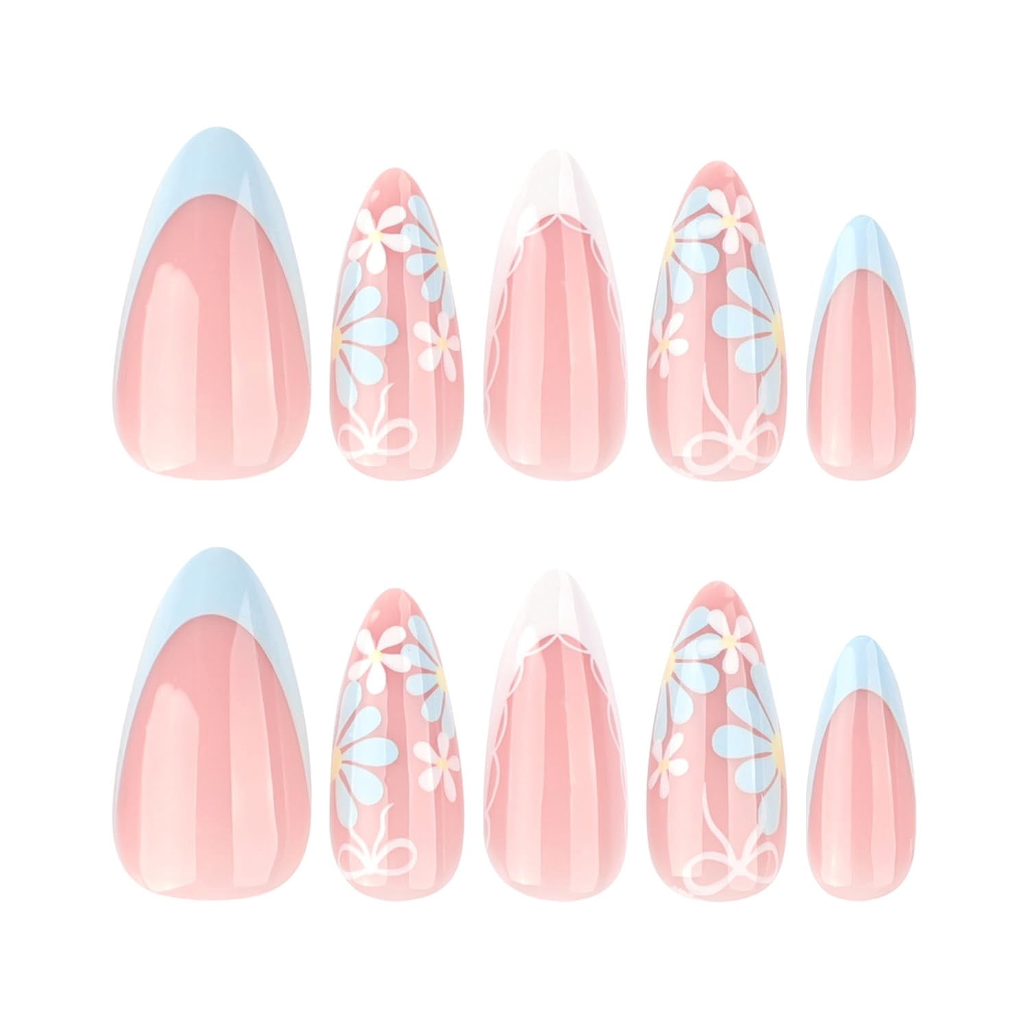 Flower Fake Nails Almond Daisy Press on Nails, White Blue French Tip Press on Nails Full Cover Glossy False Nails with Designs Spring Summer Acrylic Nails for Women DIY Manicure Decorations