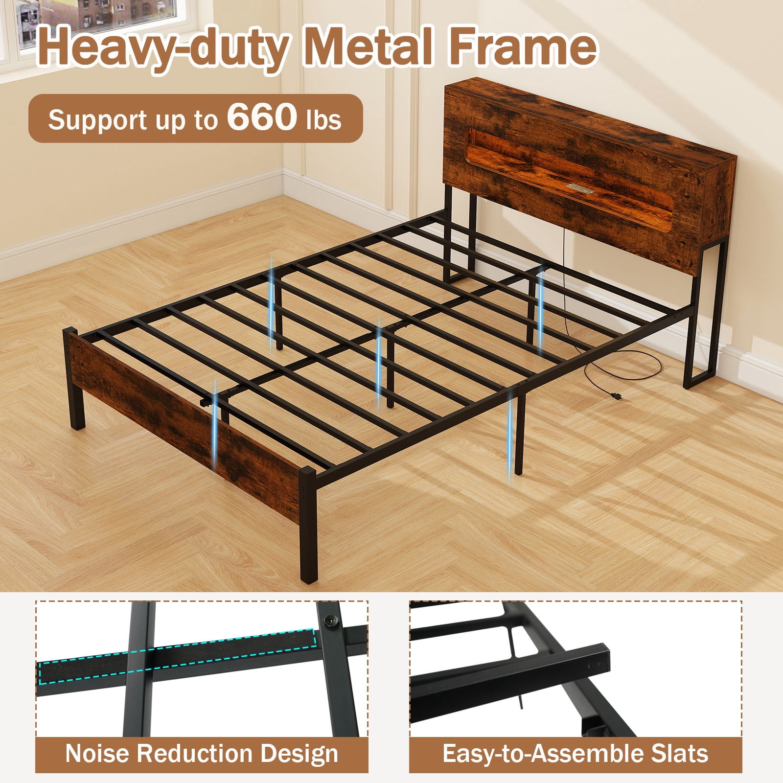 Furnibear Full Size Bed Frame, Slatted Platform Bed Frame with LED Lights, Full Bed Frame with Storage Headboard for Bedroom, Rustic Brown and Black
