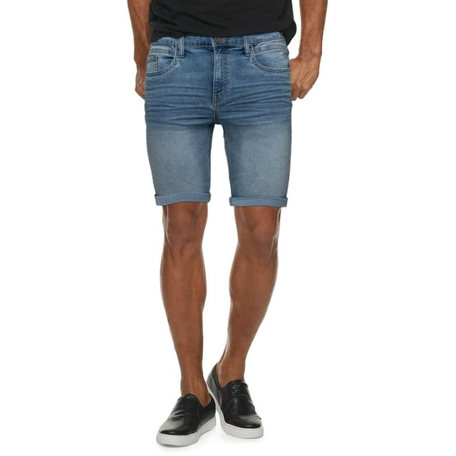 X RAY Men's Rolled Up Denim Shorts, Stretch Slim Skinny Fit, Distressed, Ripped, Bermuda Jeans Short, Light Indigo - No Rips, Size 36