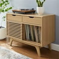 thumbnail image 3 of Pemberly Row Wood & Vinyl Record Display Stand with 2 Drawers in Oak, 3 of 8
