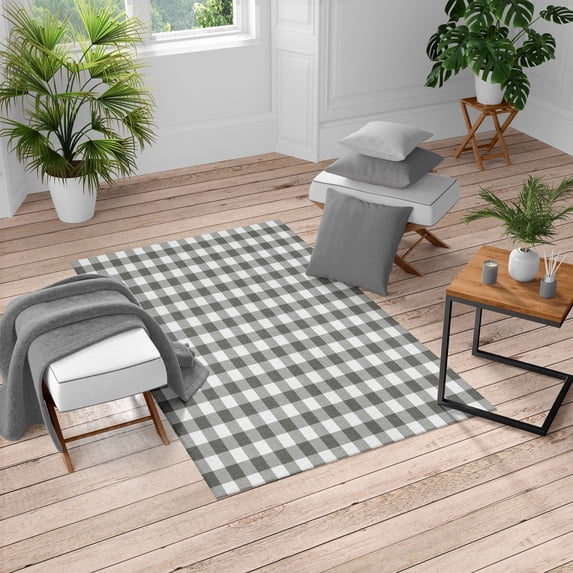 Plaid Turkish Area Rug, Lumberjack Fashion Buffalo Checks Pattern Retro Style Grid Composition, Soft Carpet for Living Room Decor with Distressed Look, 4' X 5.7', Grey and White, by Ambesonne
