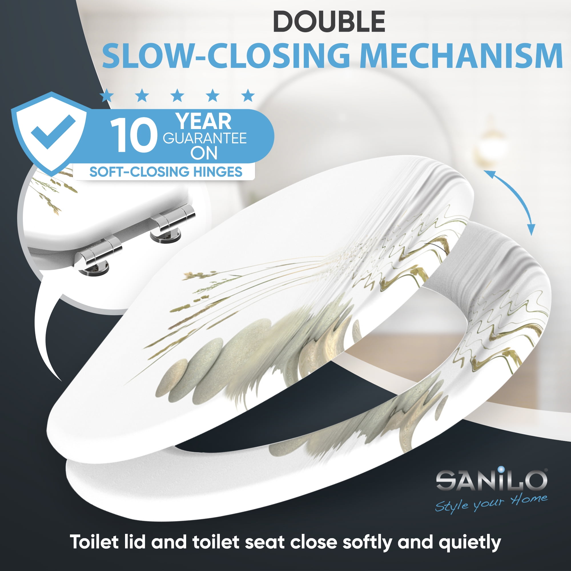 Sanilo Soft Close Toilet Seat ELONGATED, Quiet and Slow Close Lid and Seat, Strong Bumpers and Hinges, Balance
