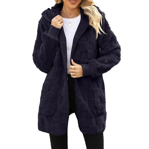 Womens Fuzzy Fleece Jacket Plaid Open Front Cardigan Coat Long Sleeve Hoodie Warm Fall Winter Jackets with Pockets