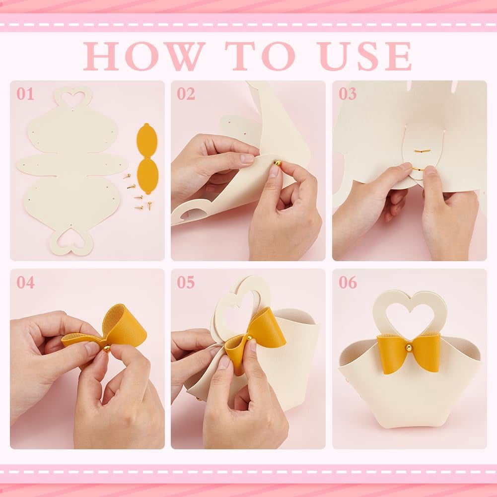 White 12 Sets PU Leather Bowknot Gift Box with Handle 6.3x4.9x2inch Reusable Leather White Treat Box with Gold Heart Handle Mini Handbag for Birthday Wedding Party Baby Shower