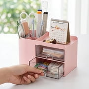 Office Desk Organizer with drawer, Office Supplies and Desk Accessories, Business Card/Pen/Pencil/Mobile Phone/Stationery Holder Storage Box (Pink)