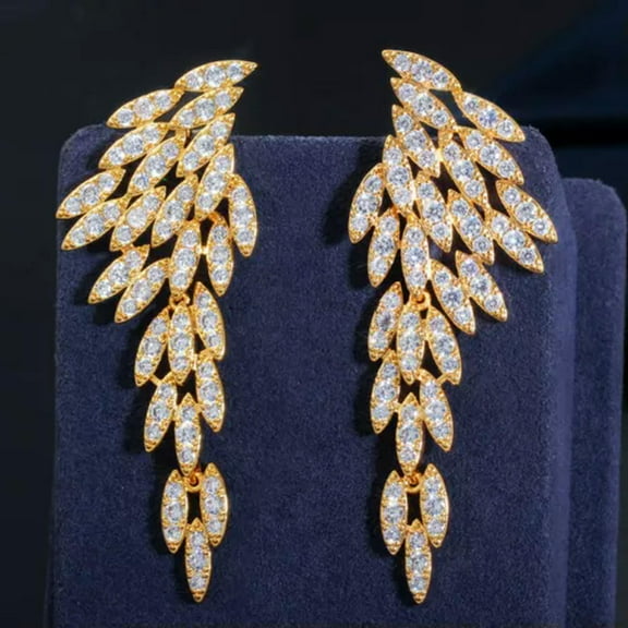 Luxury Fashion 18k Gold Plated CZ Long Dangle Feather Wing Women Costume Earring