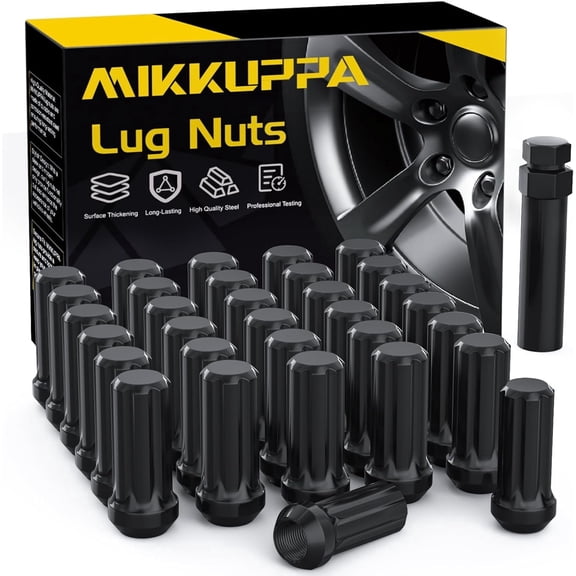 MIKKUPPA M14x1.5 Spline Lug Nuts - Replacement for Chevy Silverado, GMC Savana Sierra, Ford F250 F350 Super Duty, Ram 2500 3500 Aftermarket Wheel, 32pcs Black Closed End Lug Nuts with Socket Key