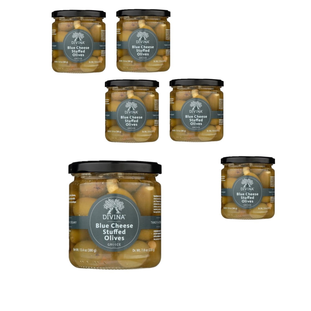 Divina Buffalo Blue Olives | 7.8 Oz Jar, Case Of 6 | Gourmet Stuffed Olives For Charcuterie & Appetizers