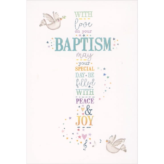 Pictura Filled with Peace and Love: Doves and Swirling Trail of Colorful Stars Congratulations Baptism Card