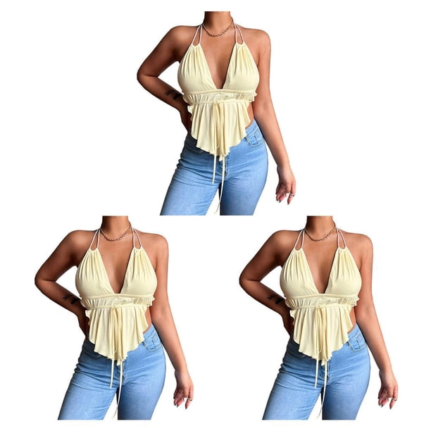 Minnieouse Chaleco Sexy con escote en V profundo para mujer, camisola ajustada de Color sólido, Top corto sin espalda, accesorios de ropa de moda de Albaricoque 3XL 3piezas Minnieouse CBP228787