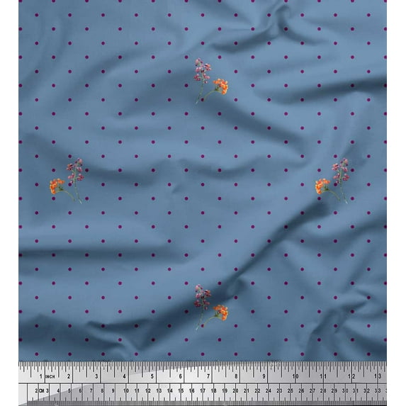 Soimoi Blue polyester Crepe Fabric Berries & Dots Fabric Prints By Yard 52 Inch Wide