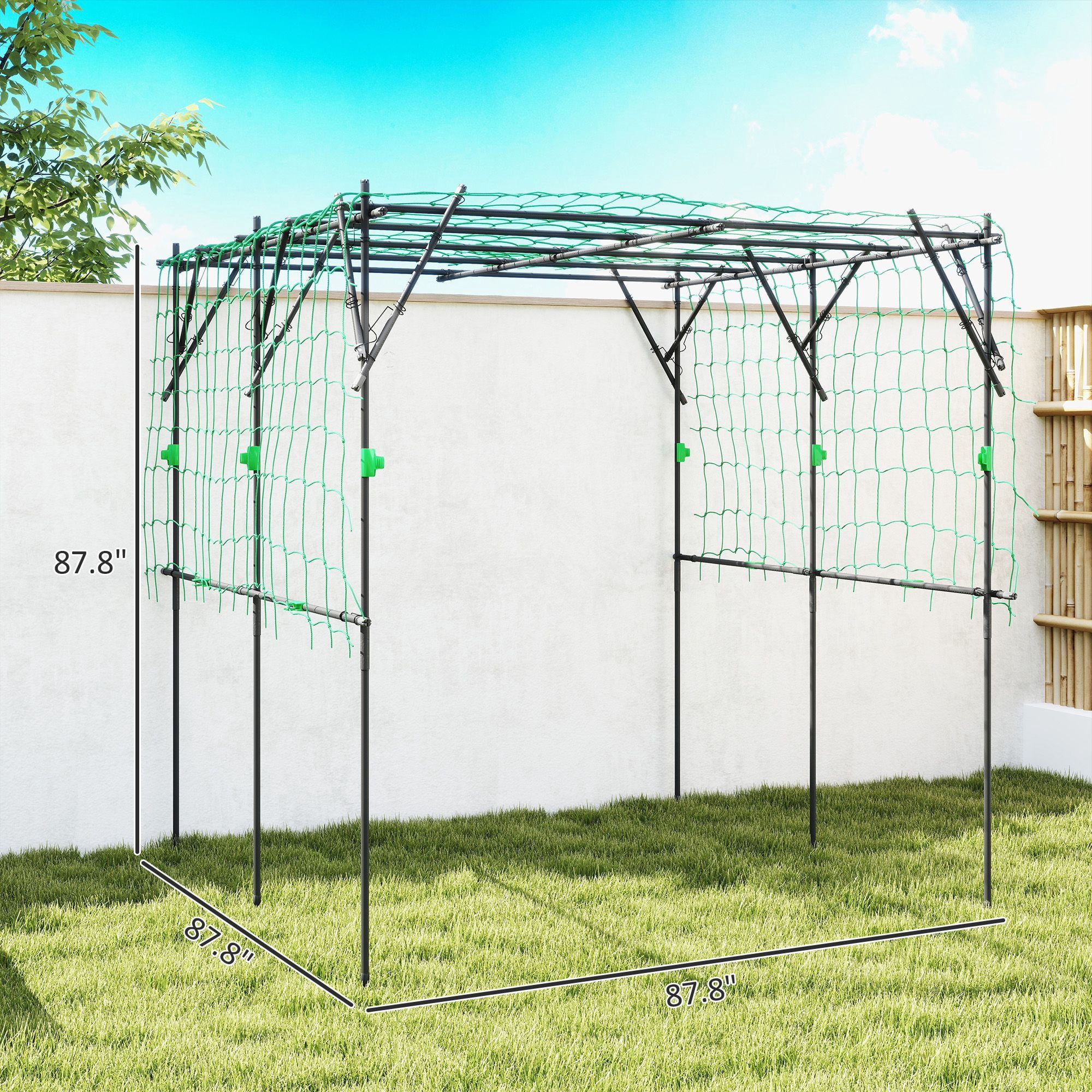 Outsunny 7.3 FT Garden Arch Trellis, Black PE-Coated Steel Plant Support with Climbing Net, Large Vegetable Trellis for Cucumber and Tomato in Backyard, Patio or Lawn
