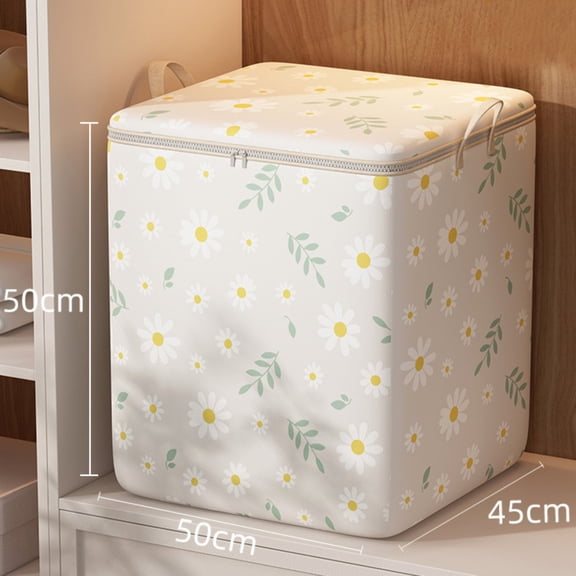 Clothes Storage Bag Waterproof Closet Organizer with Charming Daisy Print Two-Way Smooth Zipper Clothes Storage Bag with Extended Handle for Saving Capacity 110L white