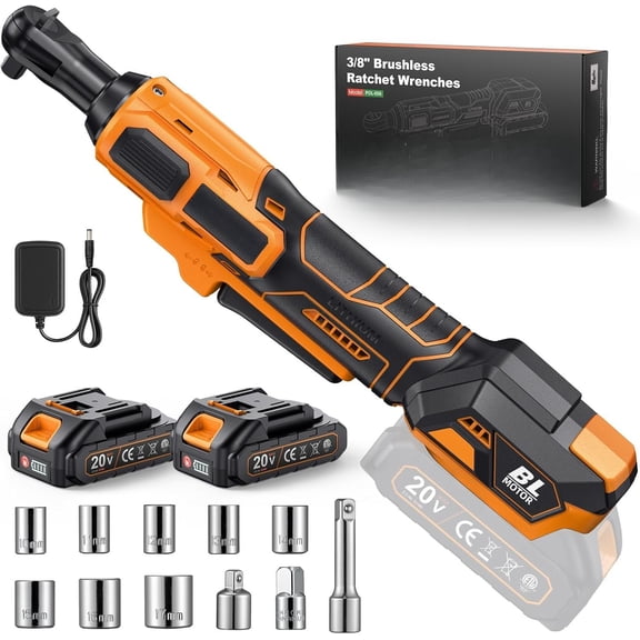 20V Brushless Cordless Ratchet Wrench 3/8", 67Ft-Lbs/ 90Nm Max Fastening Torque, 2x 2Ah , 300RPM, Power Electric Ratchet Driver for Makita , Set with 8 Sockets, 1/2"& 1/4"Adapter