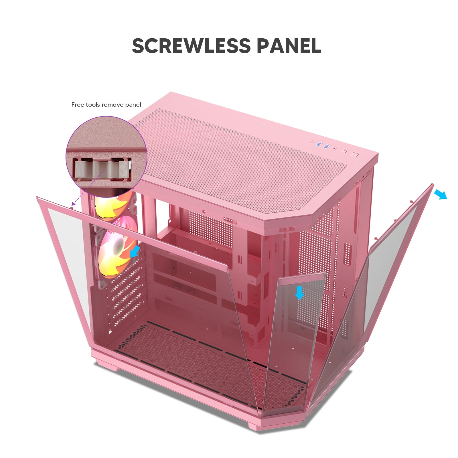 Vetroo CT3 ATX Mid-Tower Gaming Computer PC Case, Triple-Sided Tempered Glass Panoramic View, Supports 360mm Radiator & 11 Fans, Up to 410mm GPU, Type-C Ready, High-Airflow for 50 Series GPUs - Pink