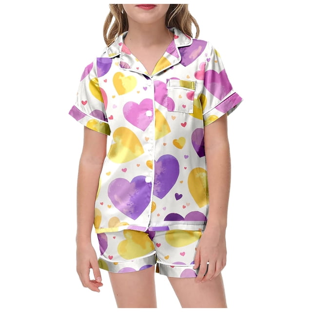 WEAIXIMIUNG Children's Valentine's Day Printed Short Sleeved Shorts Two Piece Pajama Set 6-7 Years