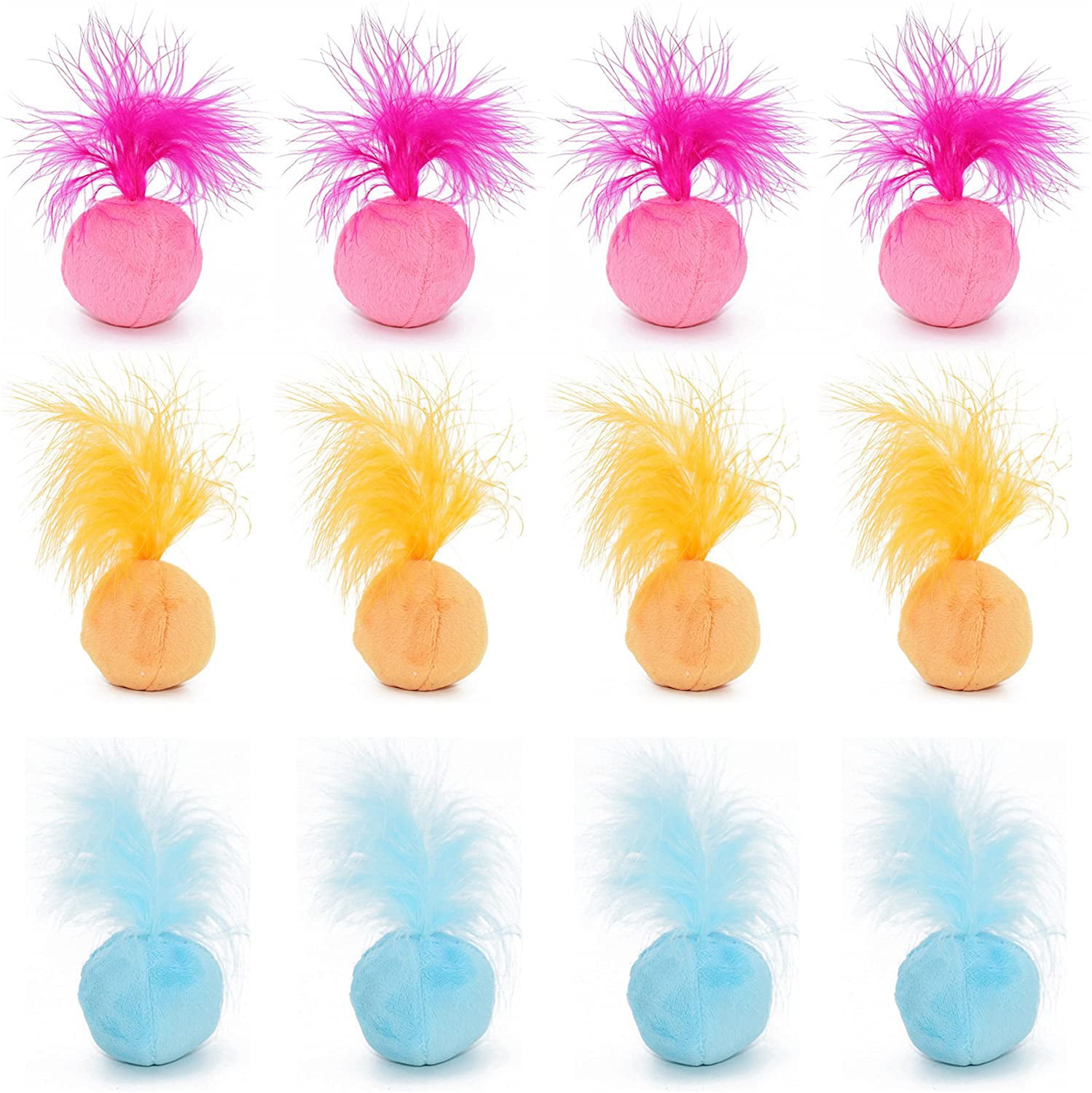 Interactive Pom Pom Balls for Cats PETFAVORITES Furry Rattle Ball Cat Toy with Feather and Catnip Soft and Lightweight 3 Pack. 2 Inch 