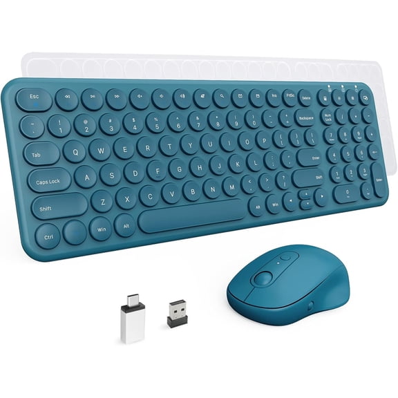 Slim Wireless Keyboard and Mouse Combo, 2.4G USB Quiet Low-Profile Retro Round Typewriter Computer Keyboard and Ergonomic Mouse Set