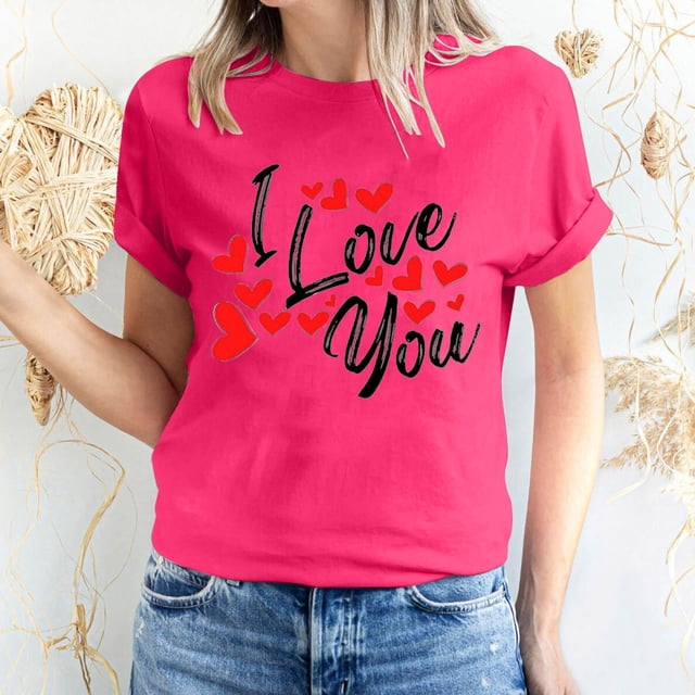 Pisexur Valentines Day T-shirt Top T-shirt à Manches Courtes Imprimé Amour de la Saint-Valentin pour Femmes, Col Rond